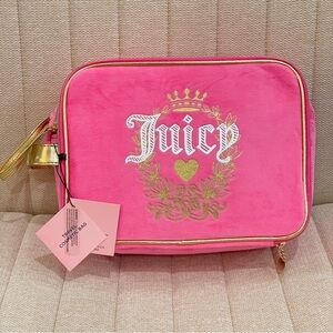 NEW Juicy Couture Hot Pink Velour Travel Cosmetic Bag‎ Gold Trim Y2K Makeup Case